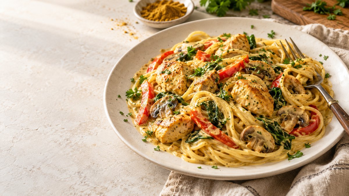 Spaghetti met romige kip-kerriesaus