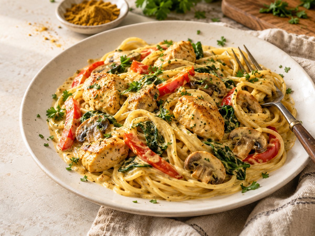 Spaghetti met romige kip-kerriesaus